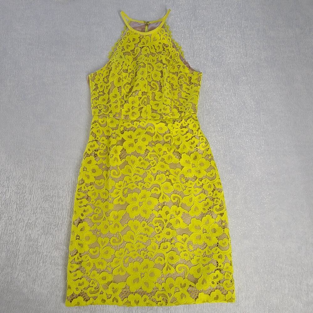 Trina Turk women's lace Neon yellow halter dress Size 4 Silk Garden Party Career - Picture 6 of 10